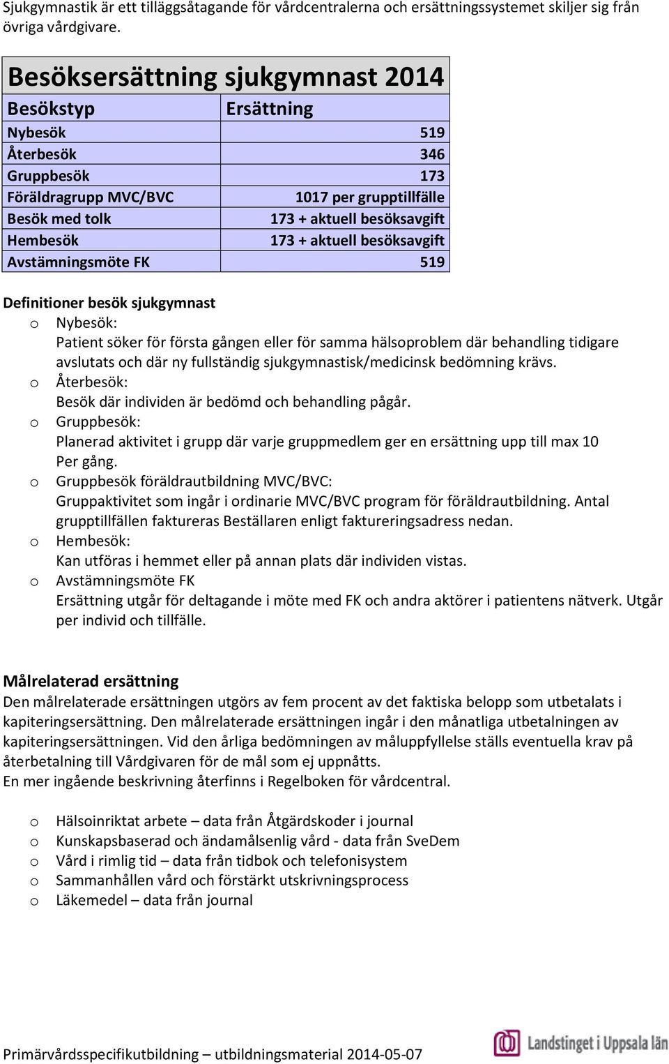 aktuell besöksavgift Avstämningsmöte FK 519 Definitioner besök sjukgymnast o Nybesök: Patient söker för första gången eller för samma hälsoproblem där behandling tidigare avslutats och där ny