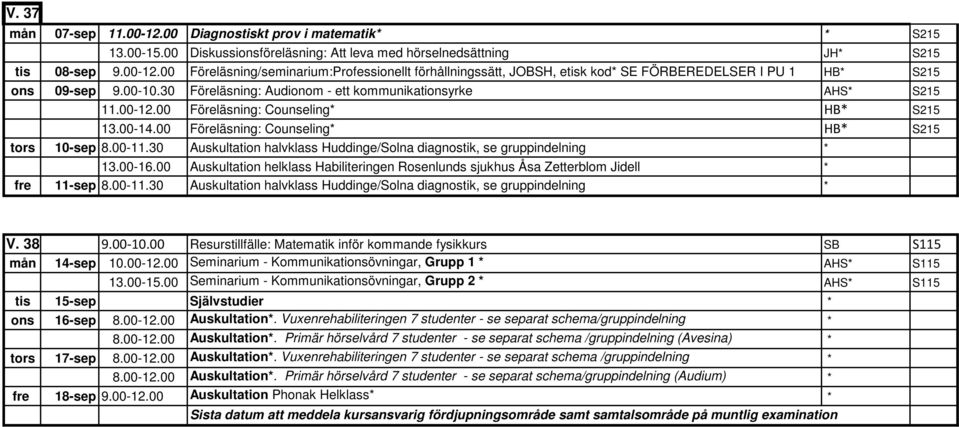 30 Auskultation halvklass Huddinge/Solna diagnostik, se gruppindelning * 13.00-16.00 Auskultation helklass Habiliteringen Rosenlunds sjukhus Åsa Zetterblom Jidell * fre 11-sep 8.00-11.