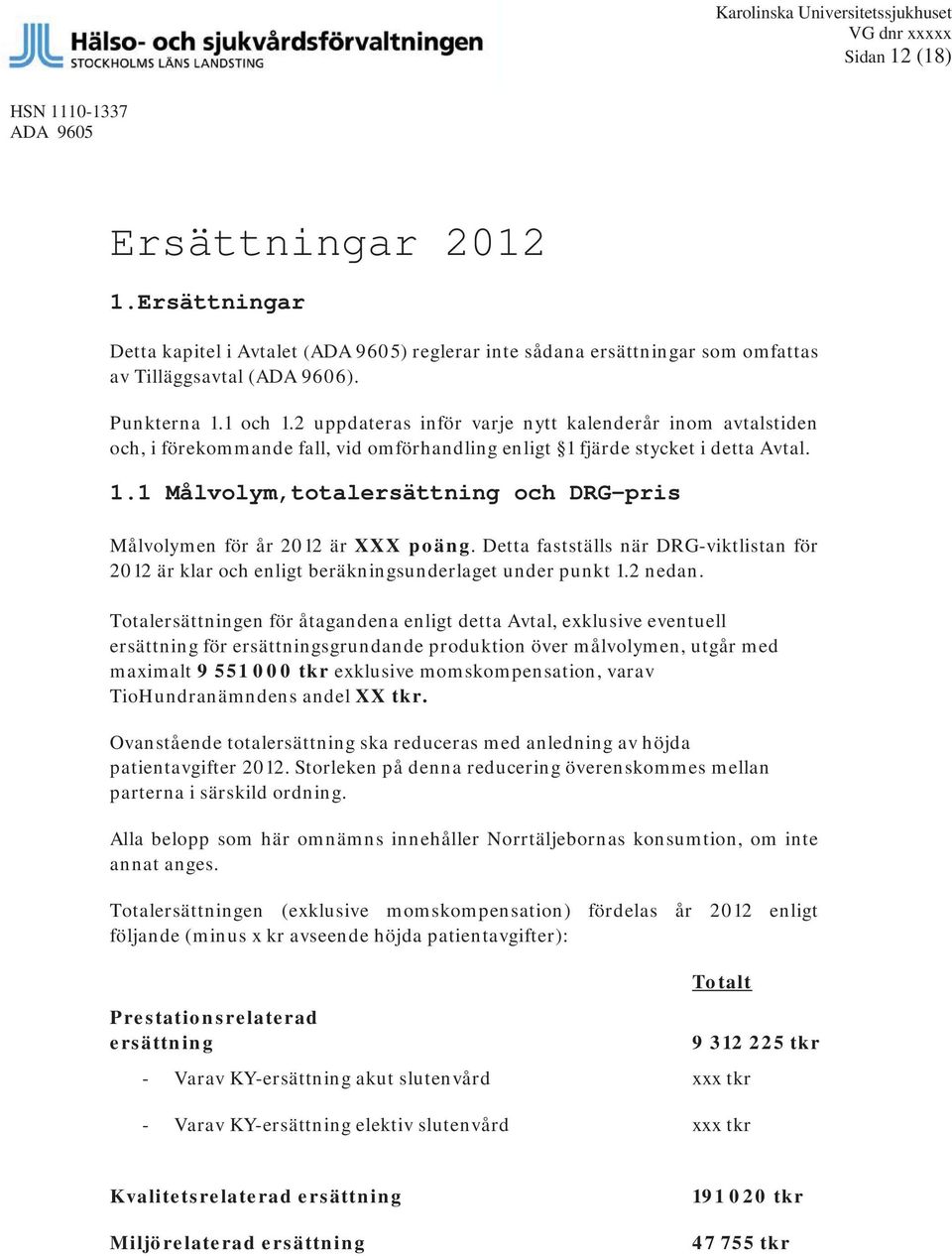 2 uppdateras inför varje nytt kalenderår inom avtalstiden och, i förekommande fall, vid omförhandling enligt 1 fjärde stycket i detta Avtal. 1.1 Målvolym,totalersättning och DRG-pris Målvolymen för år 2012 är XXX poäng.