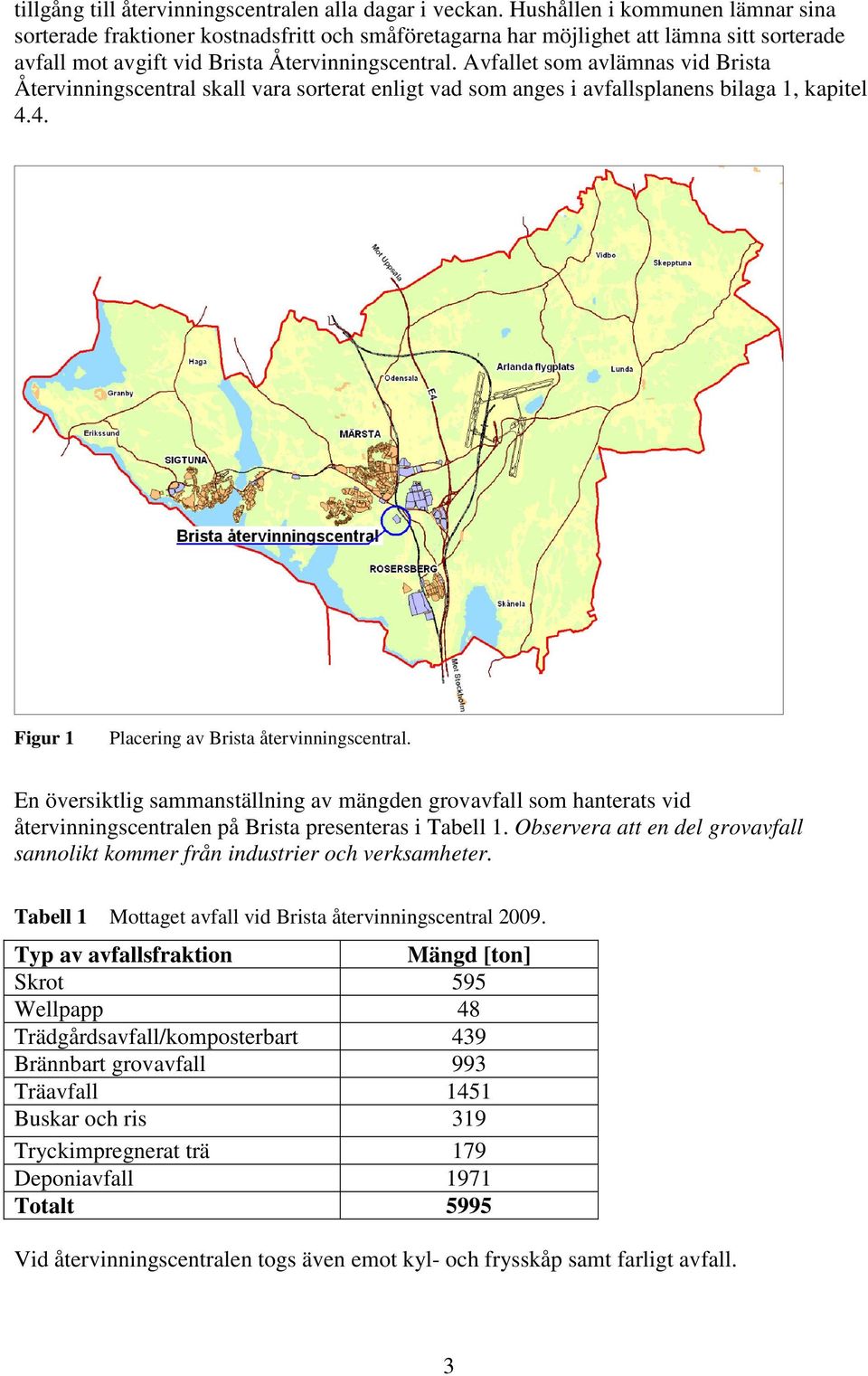 Avfallet som avlämnas vid Brista Återvinningscentral skall vara sorterat enligt vad som anges i avfallsplanens bilaga 1, kapitel 4.4. Figur 1 Placering av Brista återvinningscentral.