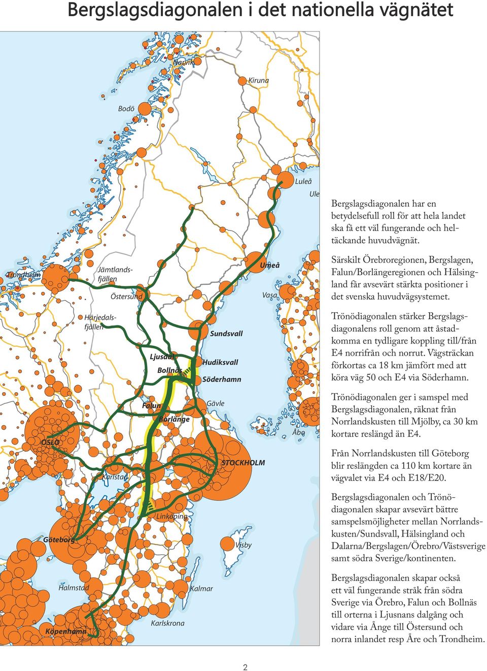 Trondheim Jämtlandsfjällen Östersund Umeå Vasa Särskilt Örebroregionen, Bergslagen, Falun/Borlängeregionen och Hälsingland får avsevärt stärkta positioner i det svenska huvudvägsystemet.