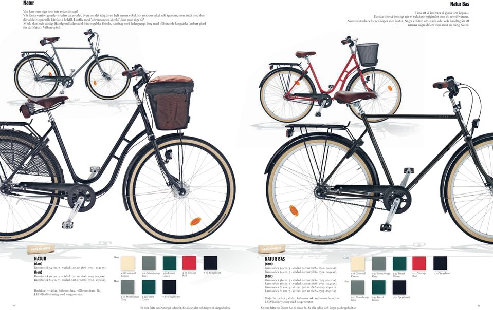 Handgjord lädersadel från engelska Brooks, handtag med lädergrepp, korg med tillhörande korgväska (enbart gjord för vår Natur). Vilken cykel!