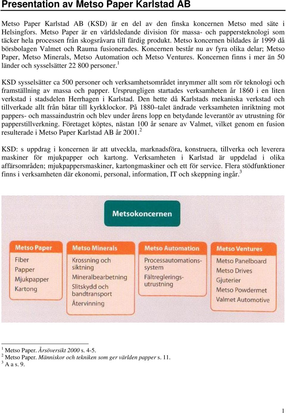 Metso koncernen bildades år 1999 då börsbolagen Valmet och Rauma fusionerades. Koncernen består nu av fyra olika delar; Metso Paper, Metso Minerals, Metso Automation och Metso Ventures.