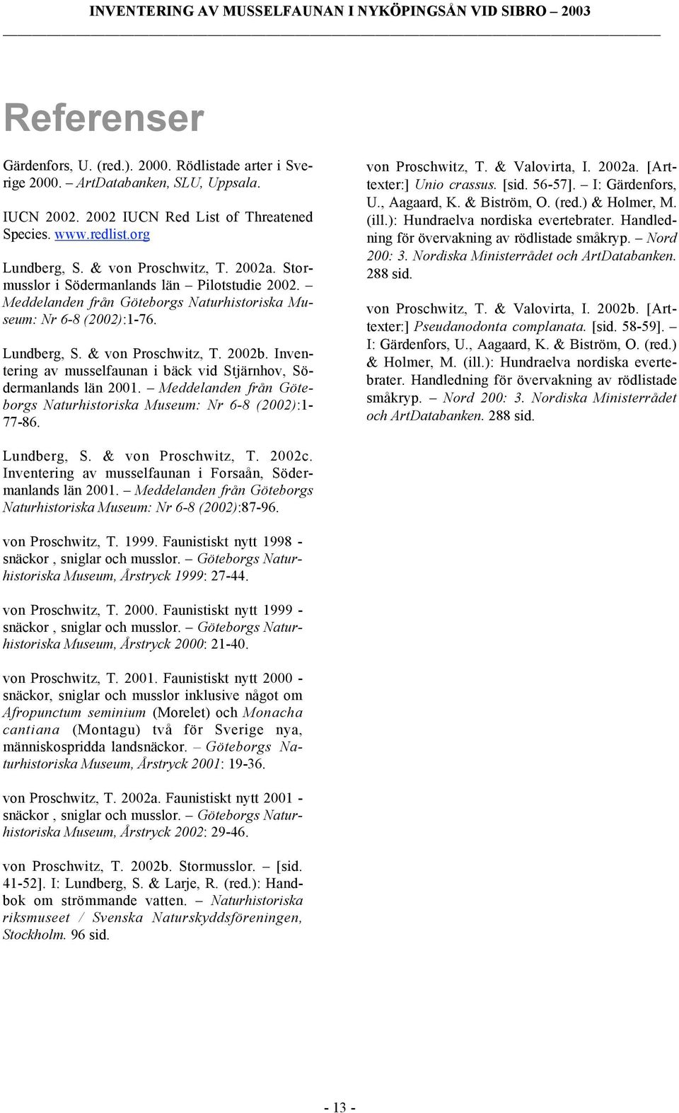 Inventering av musselfaunan i bäck vid Stjärnhov, Södermanlands län 2001. Meddelanden från Göteborgs Naturhistoriska Museum: Nr 6-8 (2002):1-77-86. von Proschwitz, T. & Valovirta, I. 2002a.