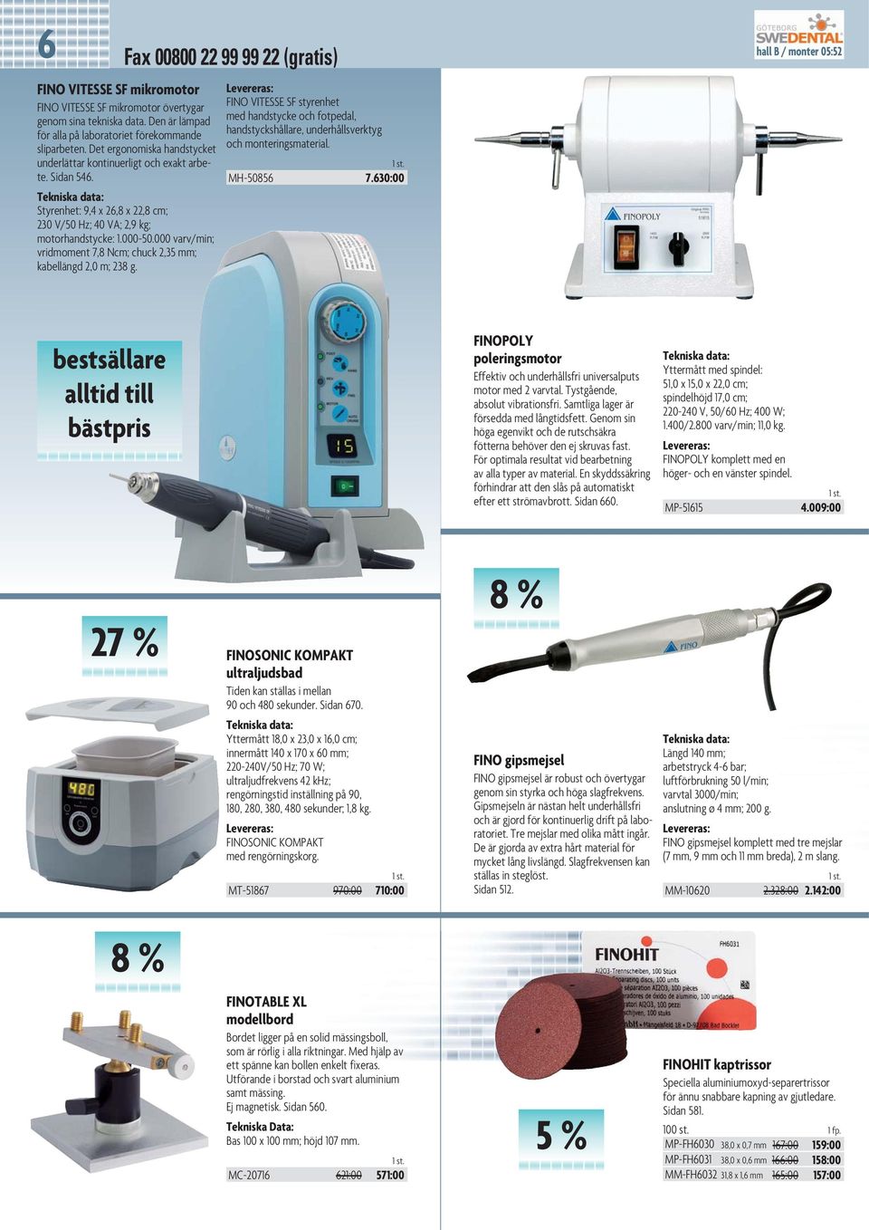 Styrenhet: 9,4 x 26,8 x 22,8 cm; 230 V/50 Hz; 40 VA; 2,9 kg; motorhandstycke: 1.000-50.000 varv/min; vridmoment 7,8 Ncm; chuck 2,35 mm; kabellängd 2,0 m; 238 g.