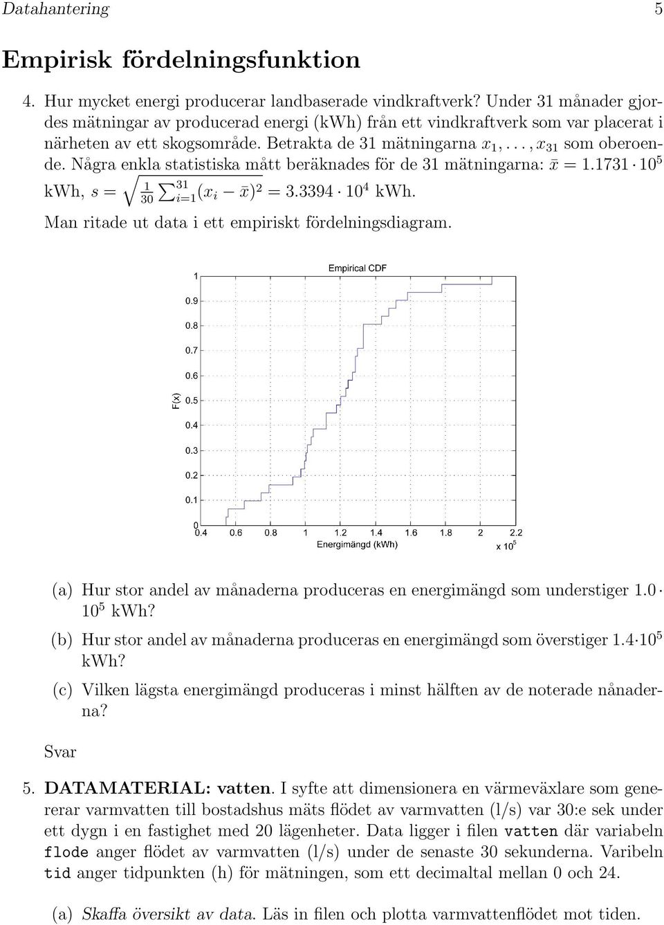 Några enkla statistiska mått beräknades för de 31 mätningarna: x = 1.1731 10 5 kwh, s = 1 30 31 i=1 (x i x) 2 = 3.3394 10 4 kwh. Man ritade ut data i ett empiriskt fördelningsdiagram.