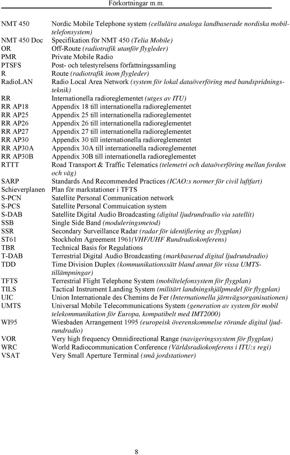 flygleder) PMR Private Mobile Radio PTSFS Post- och telestyrelsens författningssamling R Route (radiotrafik inom flygleder) RadioLAN Radio Local Area Network (system för lokal dataöverföring med