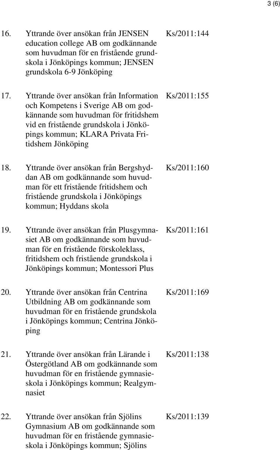 Ks/2011:155 18. Yttrande över ansökan från Bergshyddan för ett fristående fritidshem och fristående grundskola i Jönköpings kommun; Hyddans skola Ks/2011:160 19.