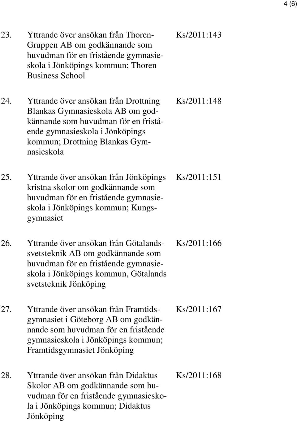 Yttrande över ansökan från Jönköpings kristna skolor om godkännande som i Jönköpings kommun; Kungsgymnasiet Ks/2011:151 26.