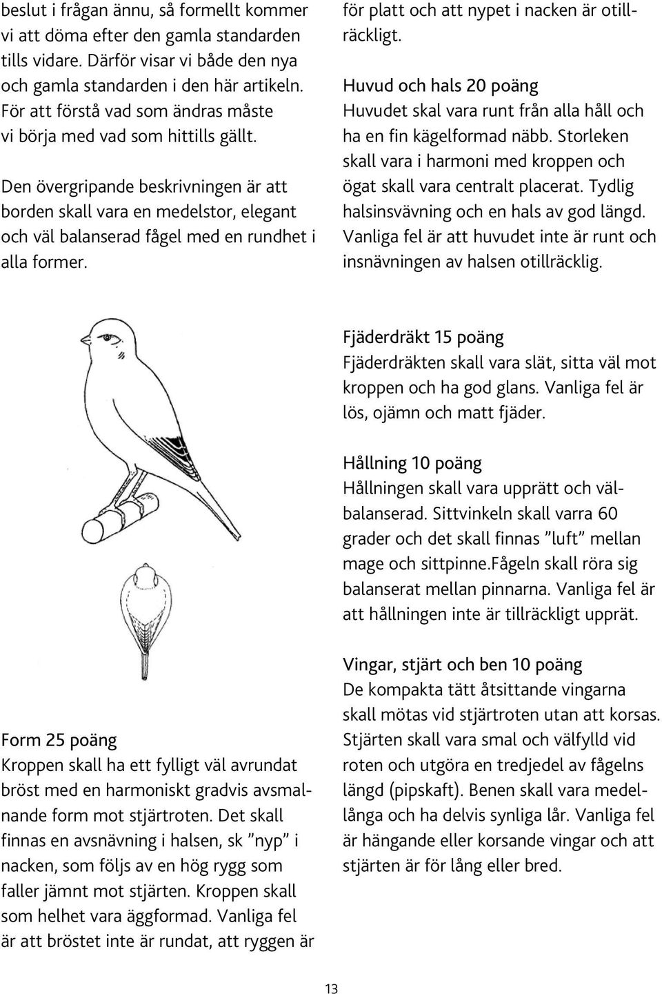 Den övergripande beskrivningen är att borden skall vara en medelstor, elegant och väl balanserad fågel med en rundhet i alla former. för platt och att nypet i nacken är otillräckligt.