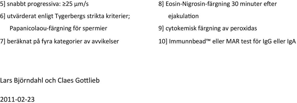 Eosin- Nigrosin- färgning 30 minuter e/er ejakula:on 9] cytokemisk färgning av