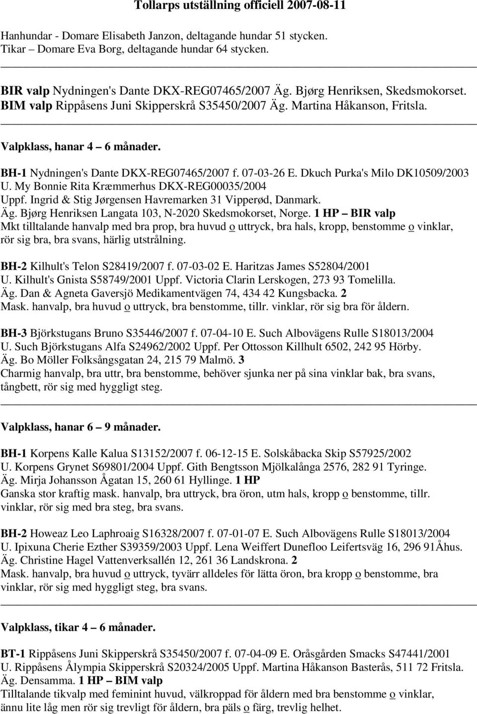 BH-1 Nydningen's Dante DKX-REG07465/2007 f. 07-03-26 E. Dkuch Purka's Milo DK10509/2003 U. My Bonnie Rita Kræmmerhus DKX-REG00035/2004 Uppf. Ingrid & Stig Jørgensen Havremarken 31 Vipperød, Danmark.