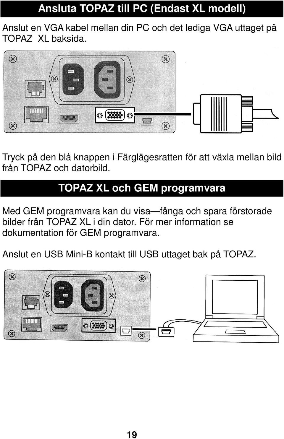 TOPAZ XL och GEM programvara Med GEM programvara kan du visa fånga och spara förstorade bilder från TOPAZ XL i din