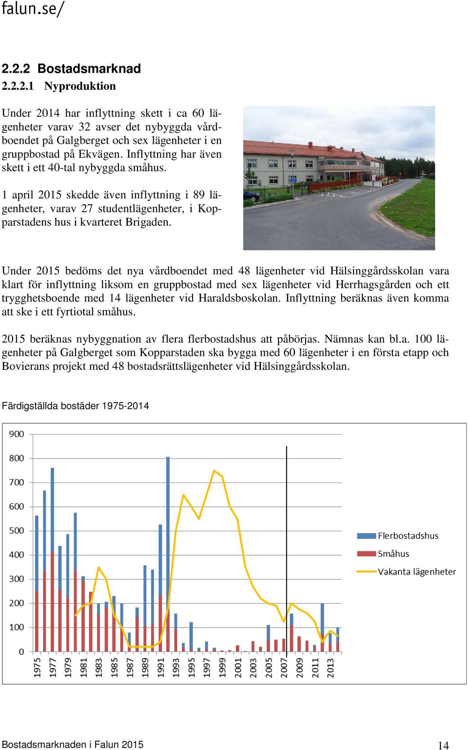 Under 2015 bedöms det nya vårdboendet med 48 lägenheter vid Hälsinggårdsskolan vara klart för inflyttning liksom en gruppbostad med sex lägenheter vid Herrhagsgården och ett trygghetsboende med 14