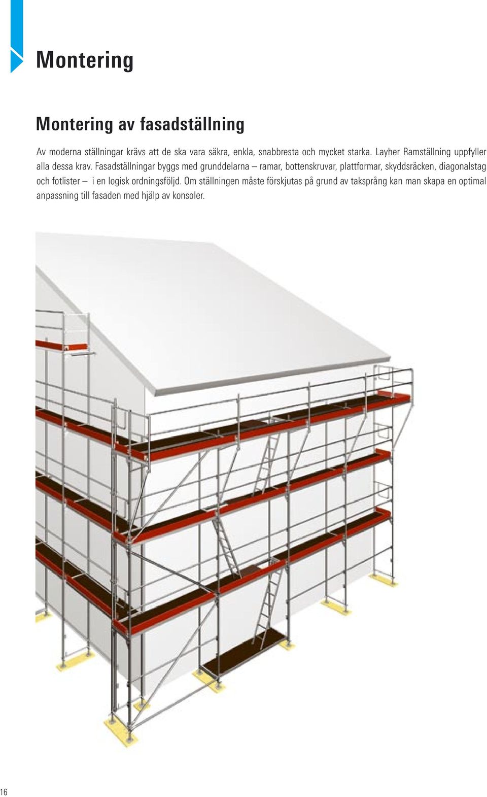 Fasadställningar byggs med grunddelarna ramar, bottenskruvar, plattformar, skyddsräcken, diagonalstag och