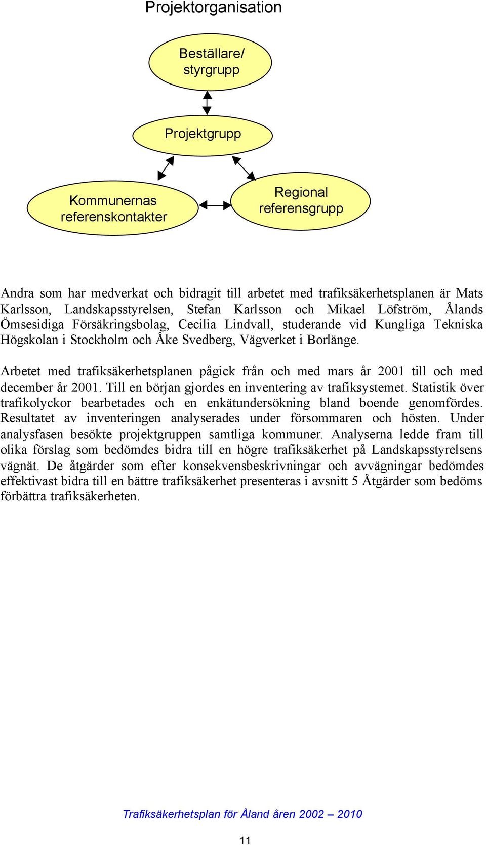Vägverket i Borlänge. Arbetet med trafiksäkerhetsplanen pågick från och med mars år 2001 till och med december år 2001. Till en början gjordes en inventering av trafiksystemet.