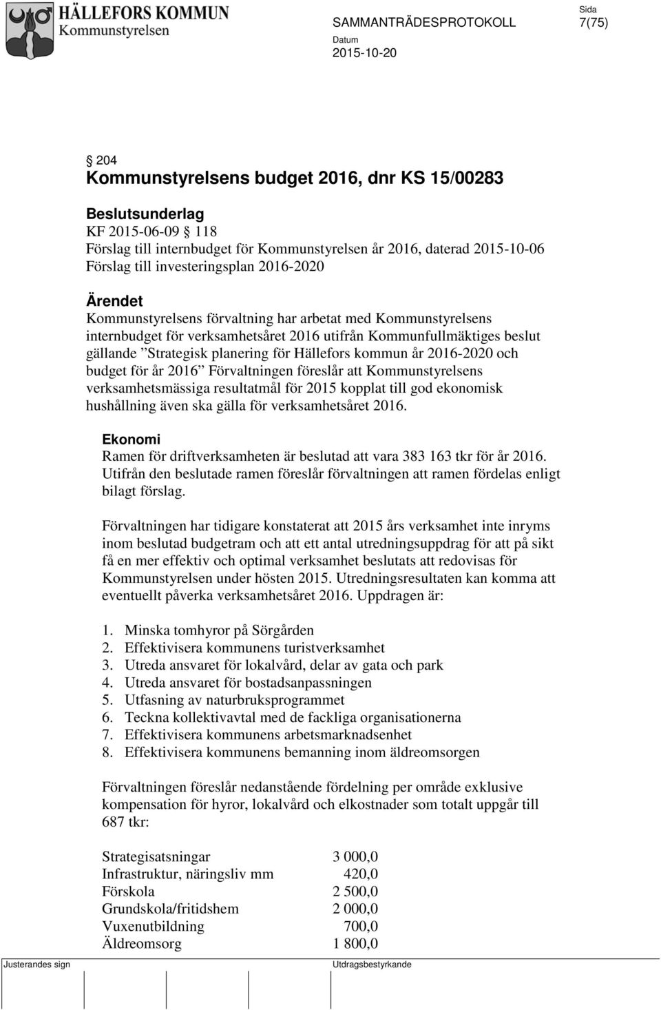 kommun år 2016-2020 och budget för år 2016 Förvaltningen föreslår att Kommunstyrelsens verksamhetsmässiga resultatmål för 2015 kopplat till god ekonomisk hushållning även ska gälla för