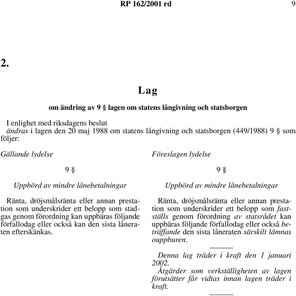 lydelse 9 Uppbörd av mindre lånebetalningar Ränta, dröjsmålsränta eller annan prestation som underskrider ett belopp som stadgas genom förordning kan uppbäras följande förfallodag