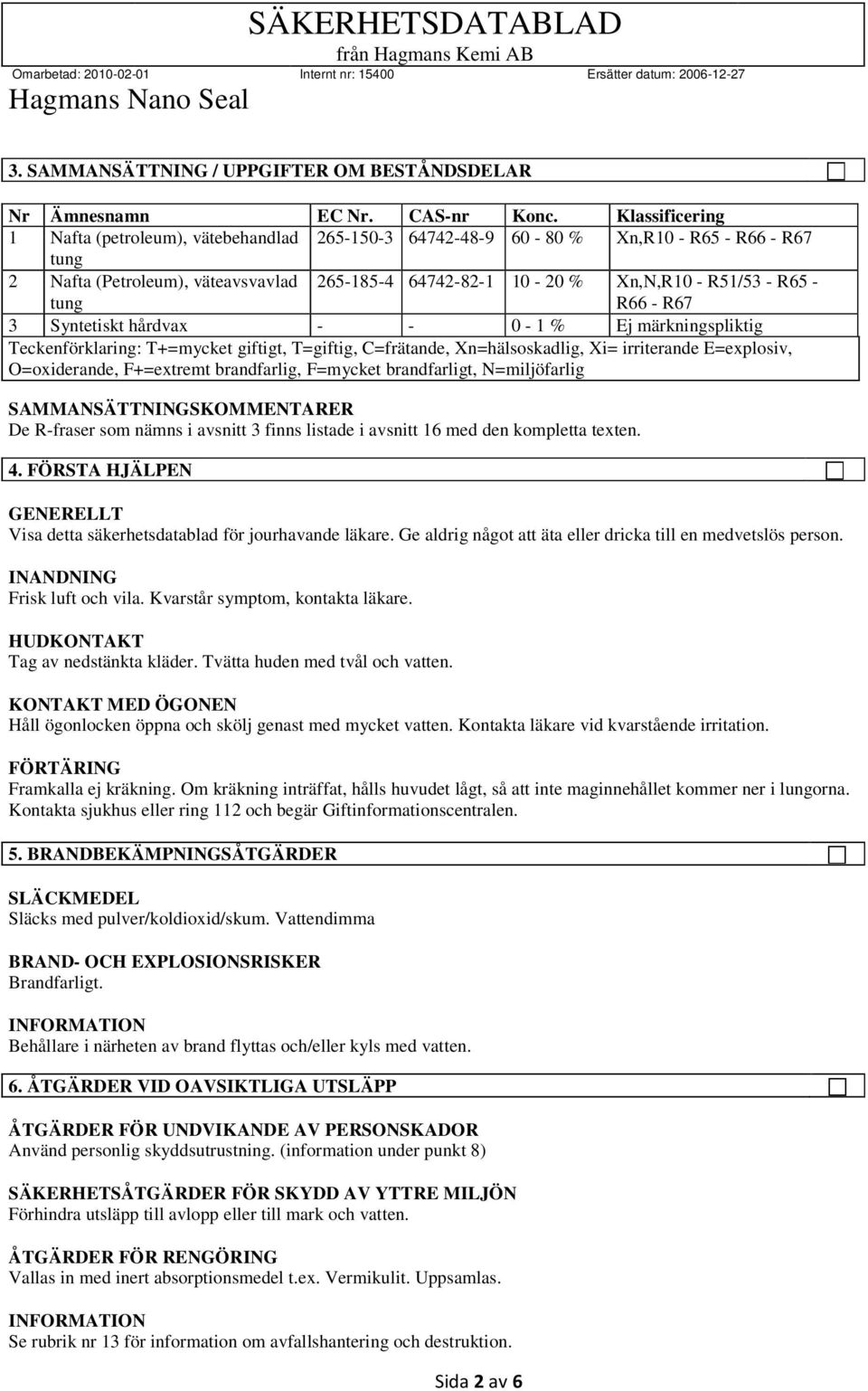 R65 - R66 - R67 3 Syntetiskt hårdvax - - 0-1 % Ej märkningspliktig Teckenförklaring: T+=mycket giftigt, T=giftig, C=frätande, Xn=hälsoskadlig, Xi= irriterande E=explosiv, O=oxiderande, F+=extremt