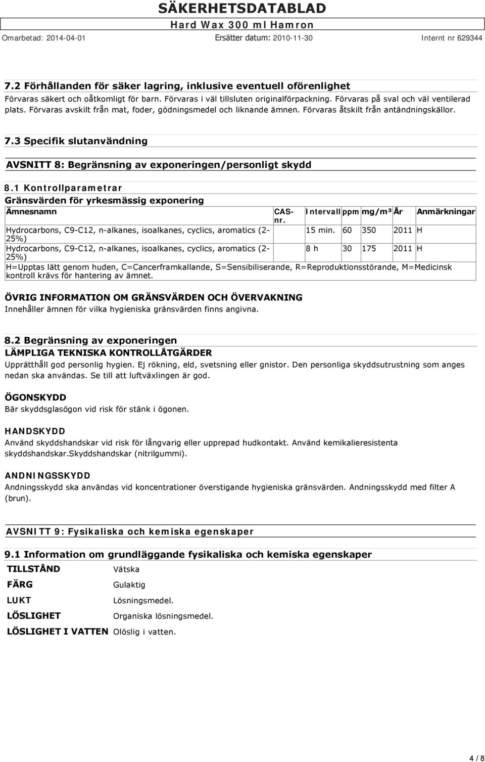 1 Kontrollparametrar Gränsvärden för yrkesmässig exponering Ämnesnamn CASnr. Intervall ppm mg/m³ År Anmärkningar Hydrocarbons, C9-C12, n-alkanes, isoalkanes, cyclics, aromatics (2-15 min.