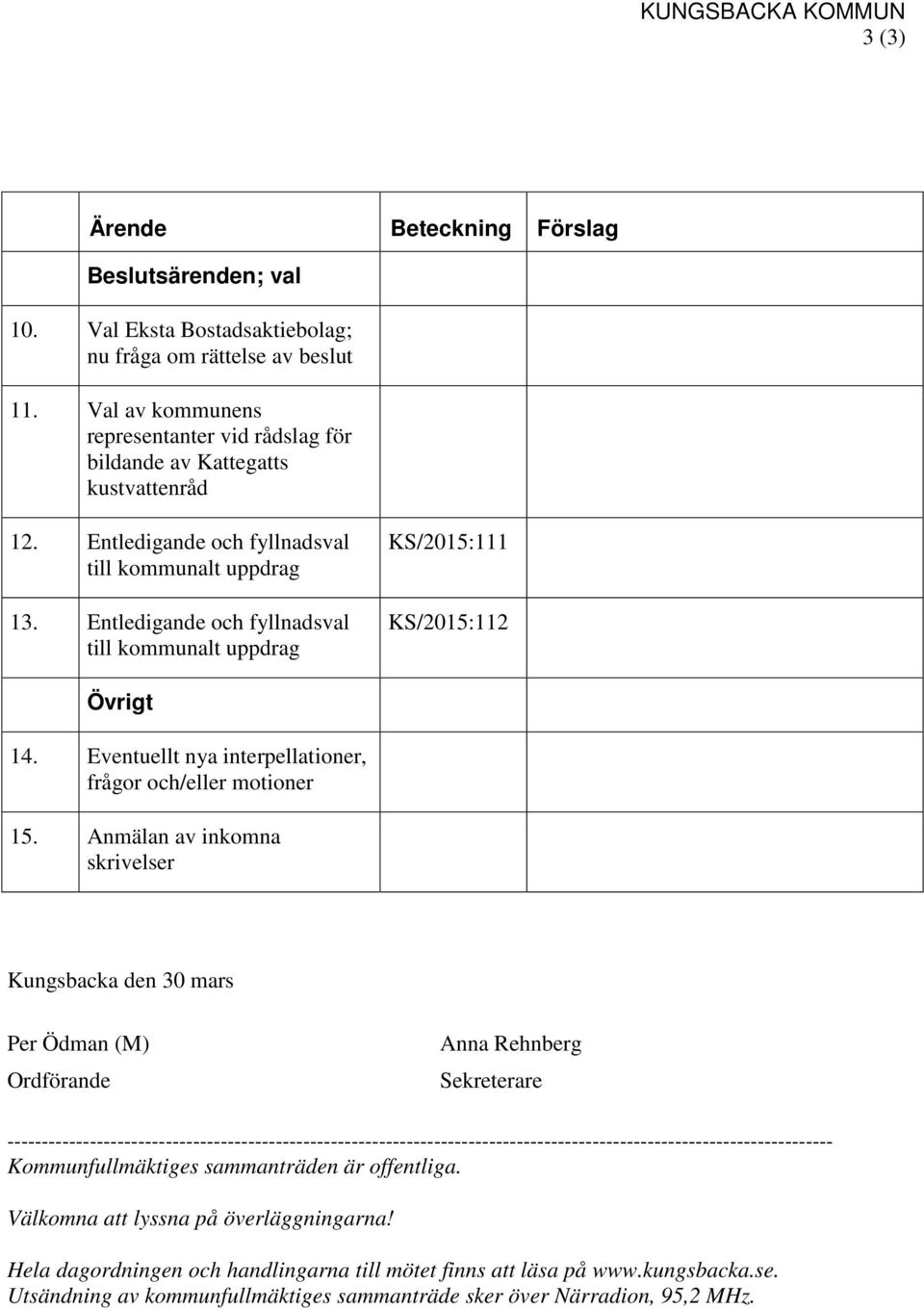 Entledigande och fyllnadsval till kommunalt uppdrag KS/2015:111 KS/2015:112 Övrigt 14. Eventuellt nya interpellationer, frågor och/eller motioner 15.