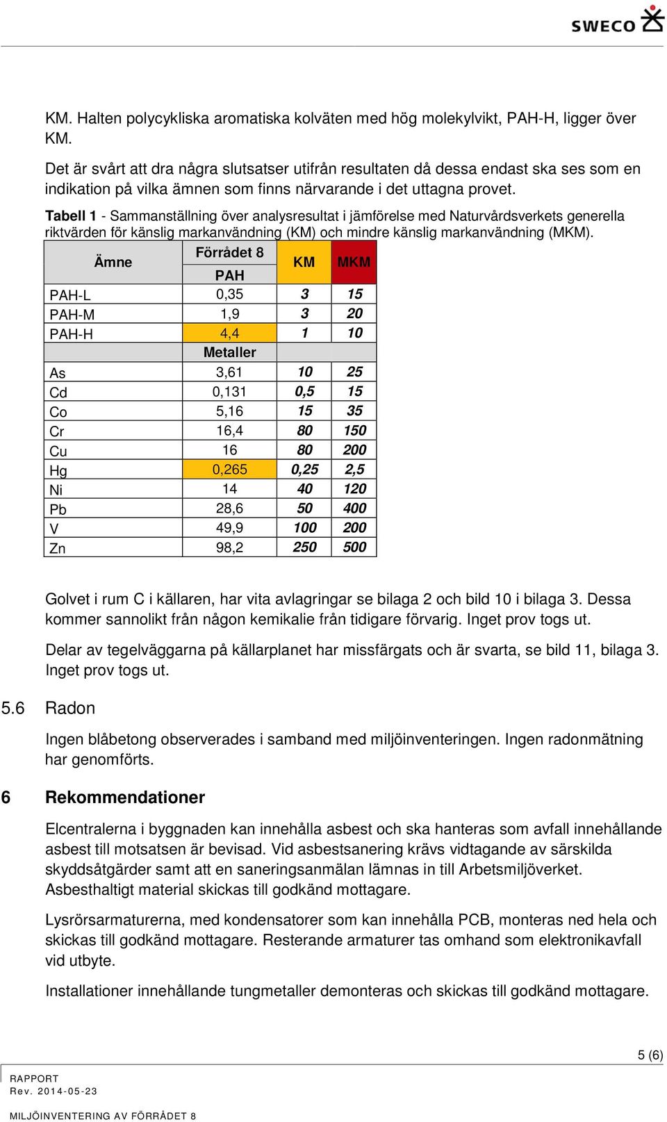 Tabell 1 - Sammanställning över analysresultat i jämförelse med Naturvårdsverkets generella riktvärden för känslig markanvändning (KM) och mindre känslig markanvändning (MKM).