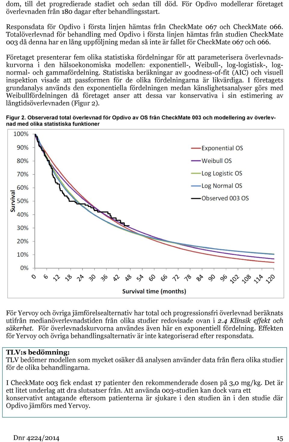 Totalöverlevnad för behandling med Opdivo i första linjen hämtas från studien CheckMate 003 då denna har en lång uppföljning medan så inte är fallet för CheckMate 067 och 066.