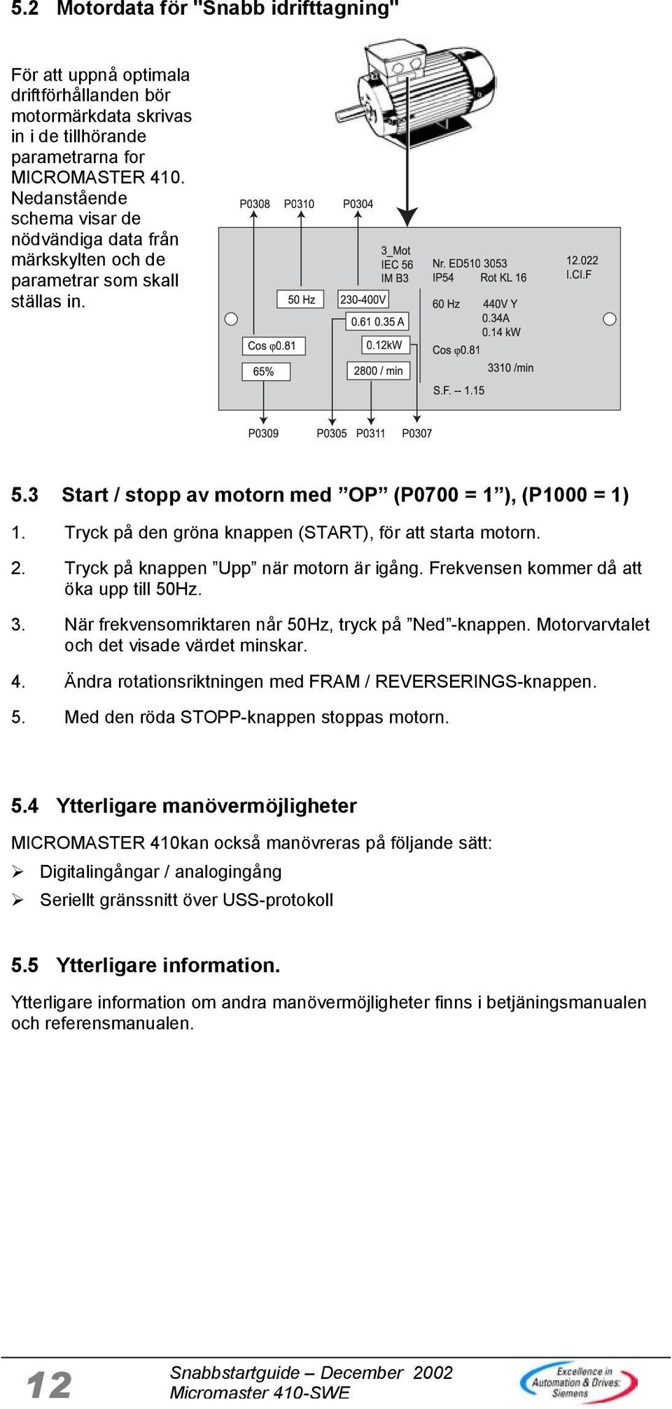 35 A 60 Hz 440V Y 0.34A 0.14 kw Cos j0.81 0.12kW Cos j0.81 12.022 I.CI.F 65% 2800 / min 3310 /min S.F. -- 1.15 P0309 P0305 P0311 P0307 5.3 Start / stopp av motorn med OP (P0700 = 1 ), (P1000 = 1) 1.