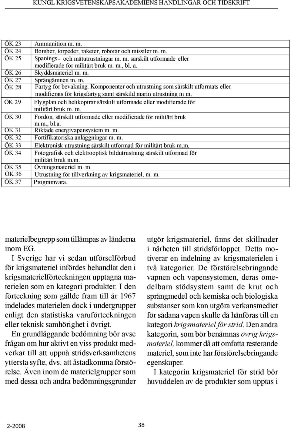 och inte väsentligen ändrar komponentens funktion. ÖK 21 Eldrörsvapen med kaliber < 20 mm m. m. ÖK 22 Eldrörsvapen med en kaliber ³20 mm m. m. ÖK 23 Ammunition m. m. ÖK 24 Bomber, torpeder, raketer, robotar och missiler m.