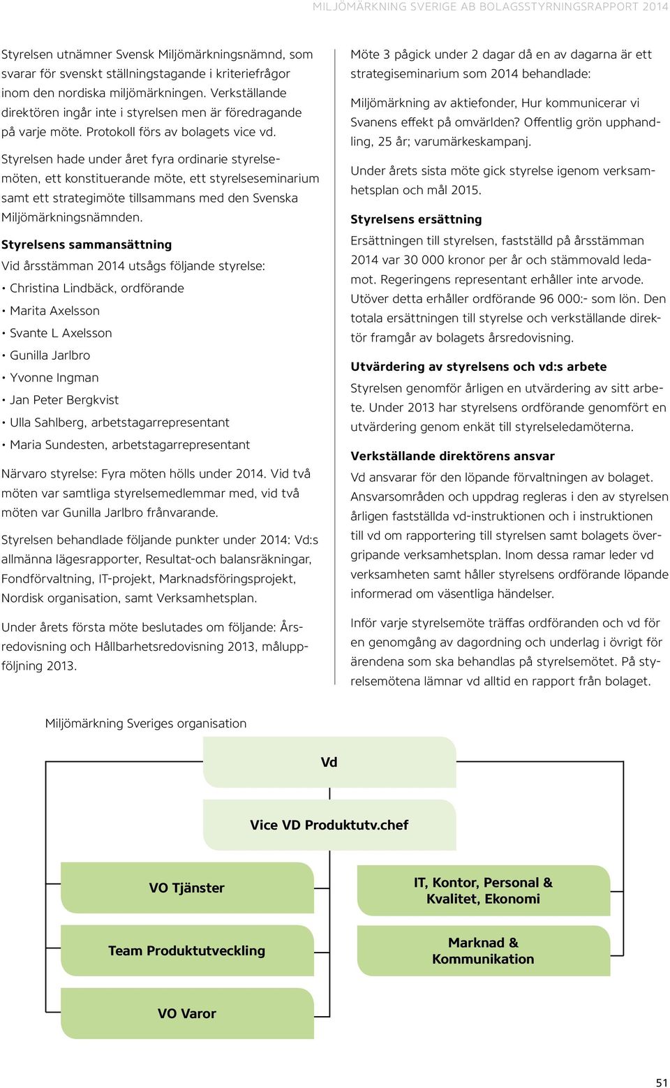 Styrelsen hade under året fyra ordinarie styrelsemöten, ett konstituerande möte, ett styrelseseminarium samt ett strategimöte tillsammans med den Svenska Miljömärkningsnämnden.