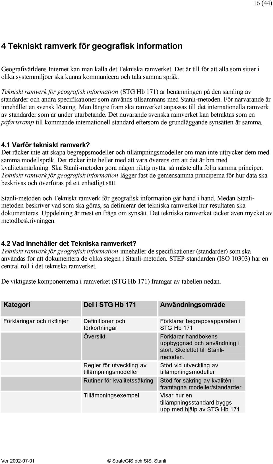 Tekniskt ramverk för geografisk information (STG Hb 171) är benämningen på den samling av standarder och andra specifikationer som används tillsammans med Stanli-metoden.