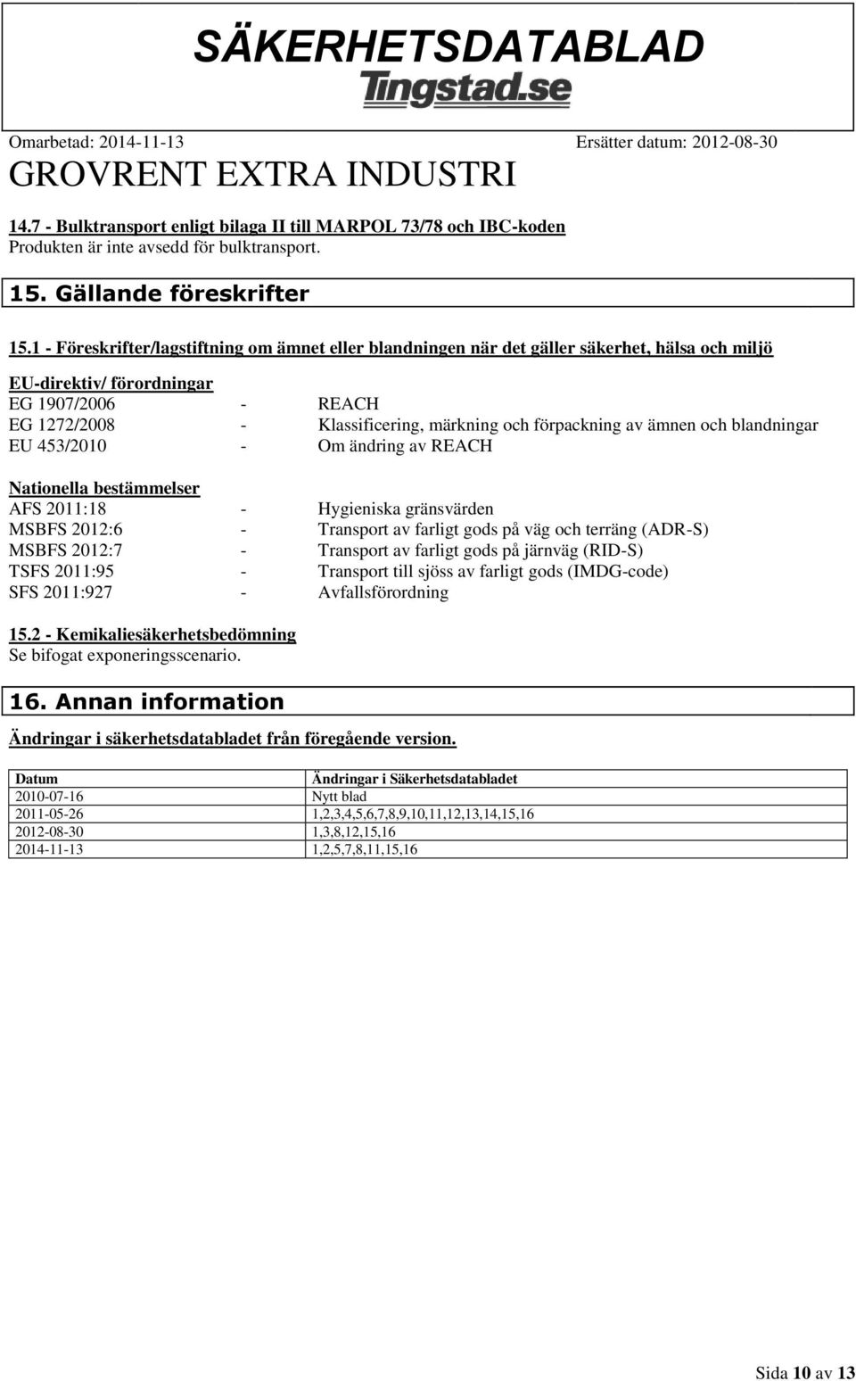 förpackning av ämnen och blandningar EU 453/2010 - Om ändring av REACH Nationella bestämmelser AFS 2011:18 - Hygieniska gränsvärden MSBFS 2012:6 - Transport av farligt gods på väg och terräng (ADR-S)