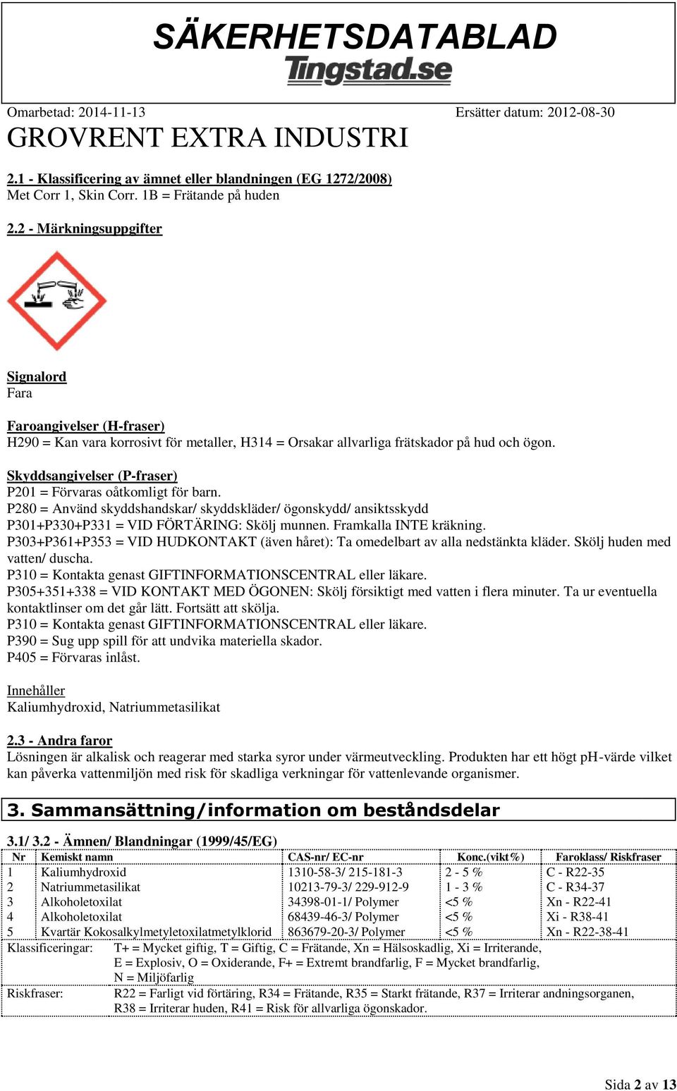 Skyddsangivelser (P-fraser) P201 = Förvaras oåtkomligt för barn. P280 = Använd skyddshandskar/ skyddskläder/ ögonskydd/ ansiktsskydd P301+P330+P331 = VID FÖRTÄRING: Skölj munnen.
