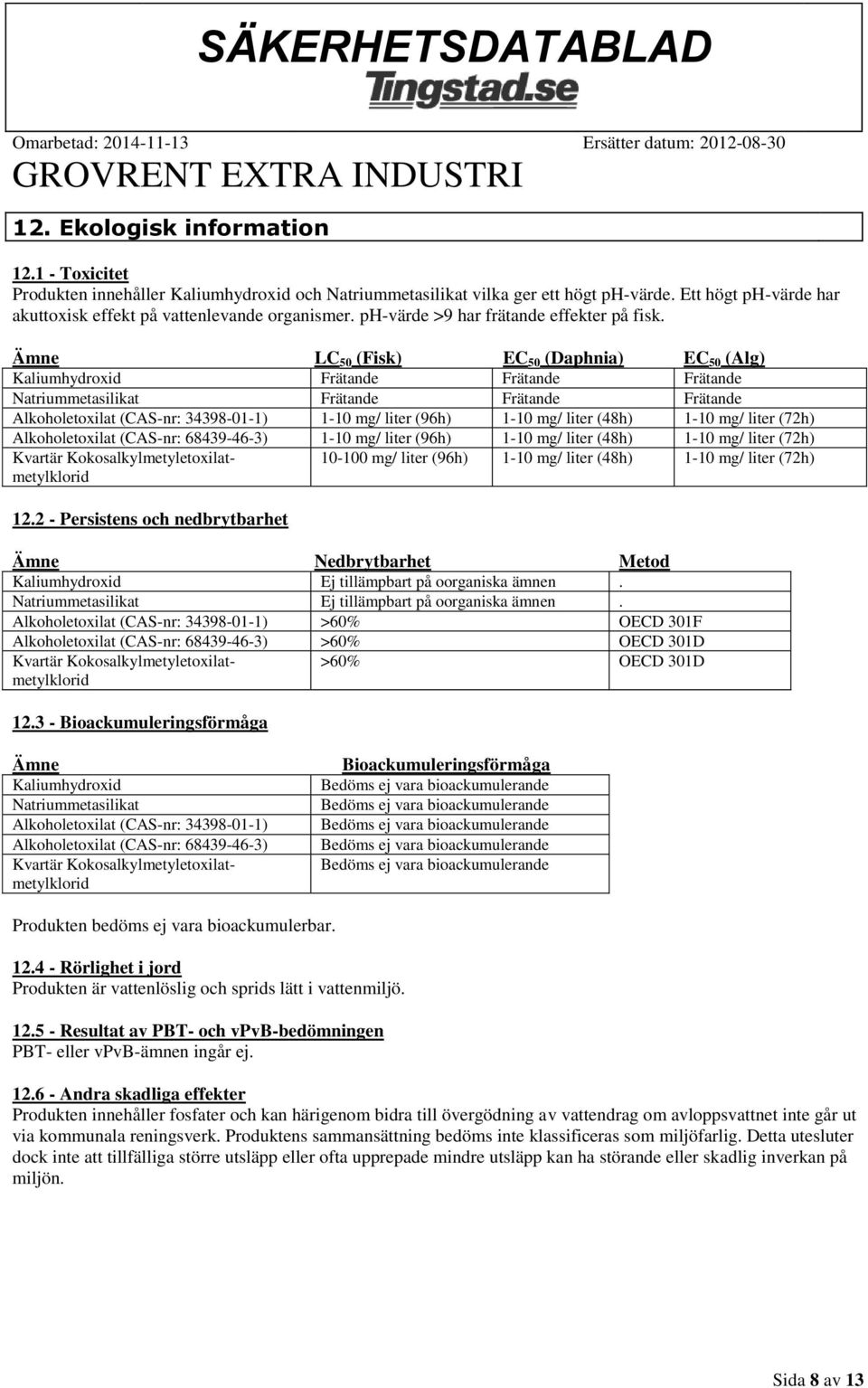 Ämne LC 50 (Fisk) EC 50 (Daphnia) EC 50 (Alg) Kaliumhydroxid Frätande Frätande Frätande Frätande Frätande Frätande Alkoholetoxilat (CAS-nr: 34398-01-1) 1-10 mg/ liter (96h) 1-10 mg/ liter (48h) 1-10