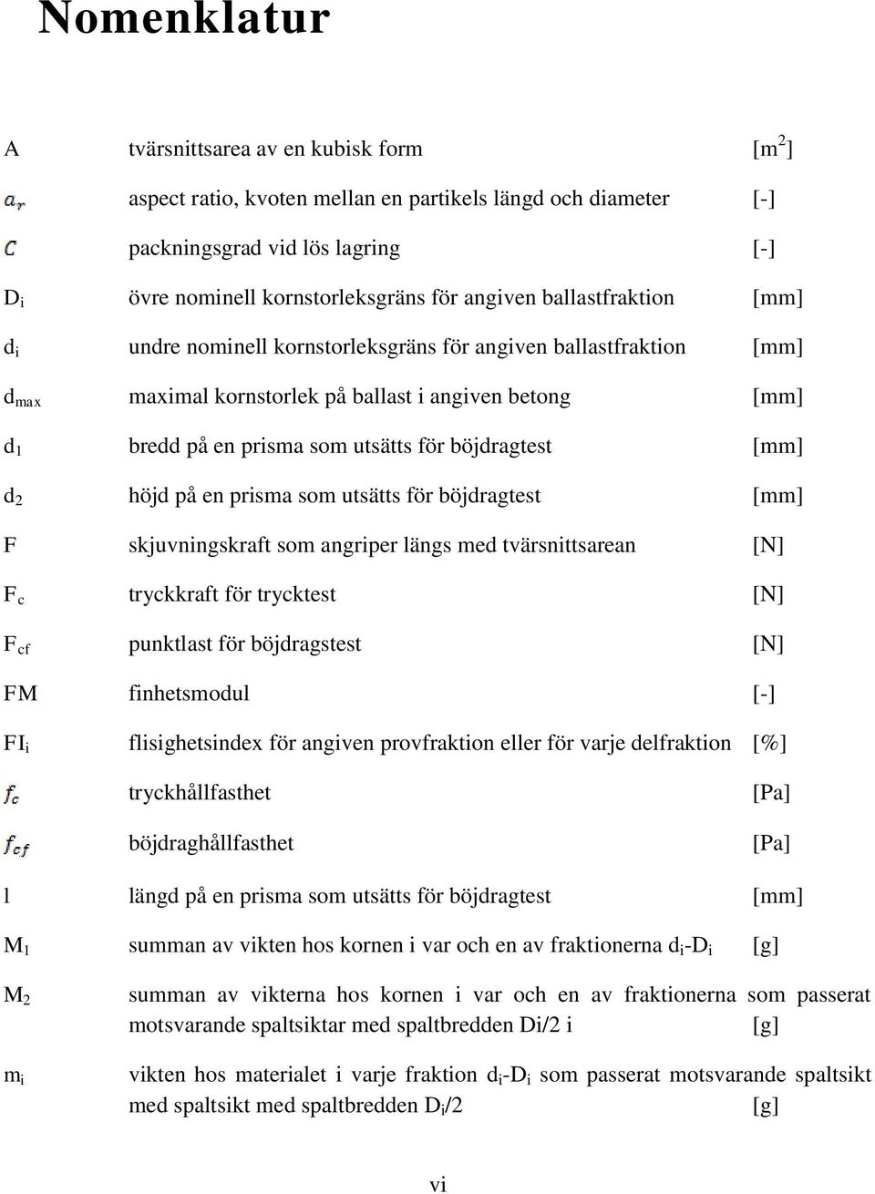 böjdragtest [mm] d 2 höjd på en prisma som utsätts för böjdragtest [mm] F skjuvningskraft som angriper längs med tvärsnittsarean [N] F c tryckkraft för trycktest [N] F cf punktlast för böjdragstest