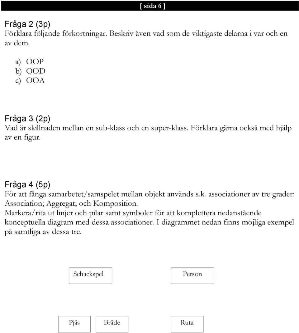 Fråga 4 (5p) För att fånga samarbetet/samspelet mellan objekt används s.k. associationer av tre grader: Association; Aggregat; och Komposition.