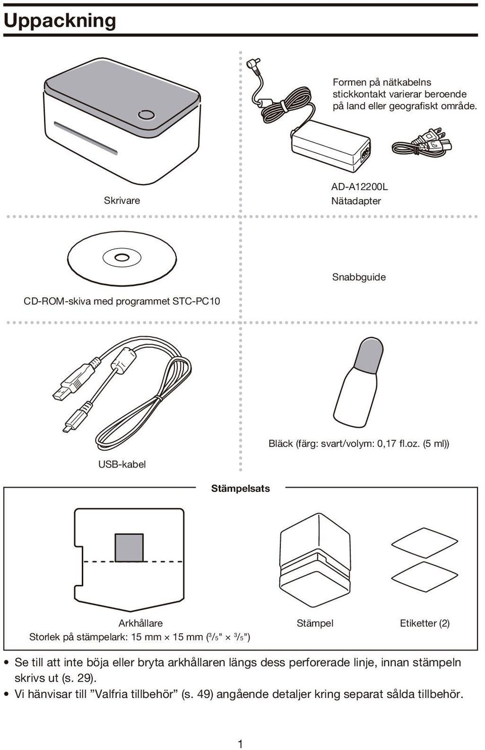 (5 ml)) USB-kabel Stämpelsats Arkhållare Storlek på stämpelark: 15 mm 15 mm ( 3 /5" 3 /5") Stämpel Etiketter (2) Se till att inte