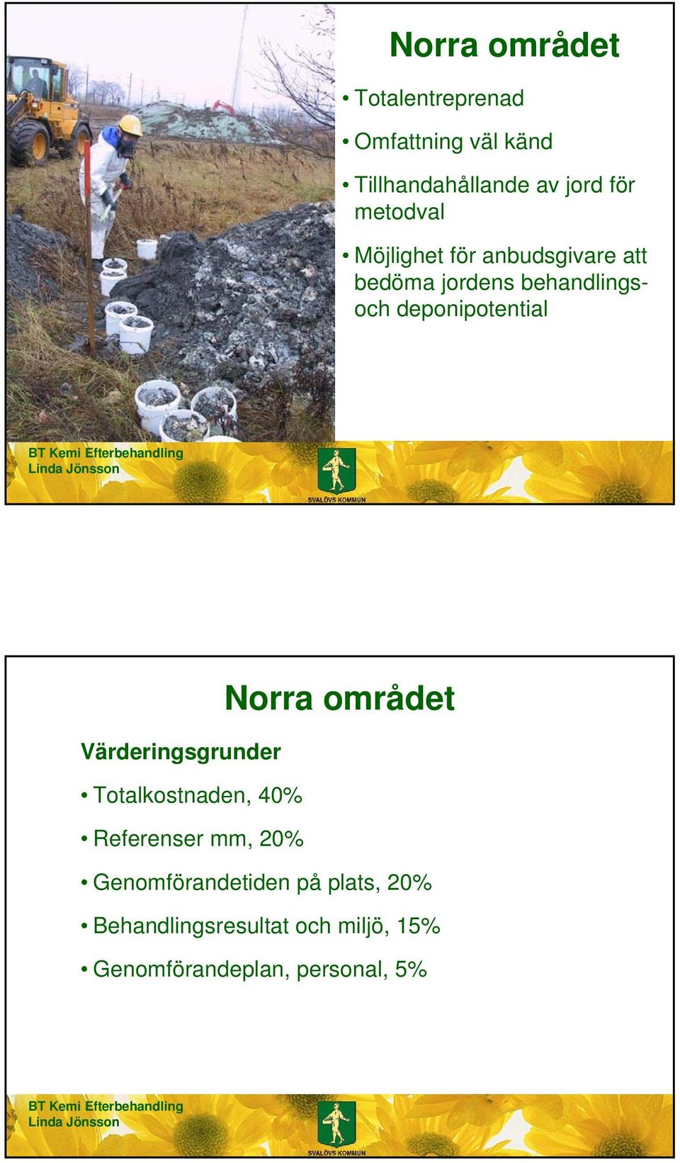 deponipotential Norra området Värderingsgrunder Totalkostnaden, 40% Referenser mm,