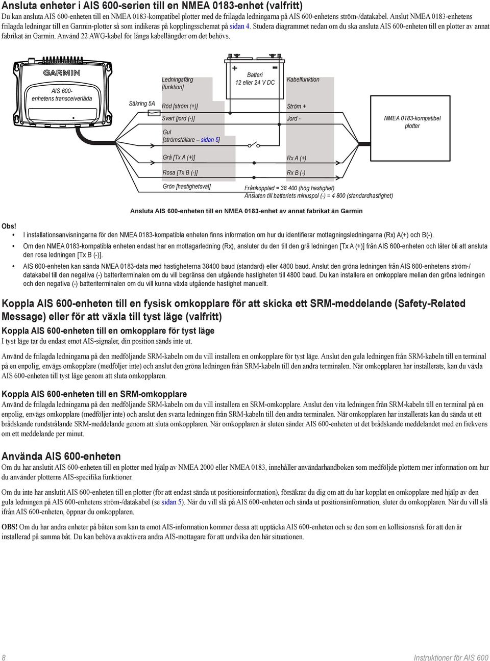 Studera diagrammet nedan om du ska ansluta AIS 600-enheten till en plotter av annat fabrikat än Garmin. Använd 22 AWG-kabel för långa kabellängder om det behövs.