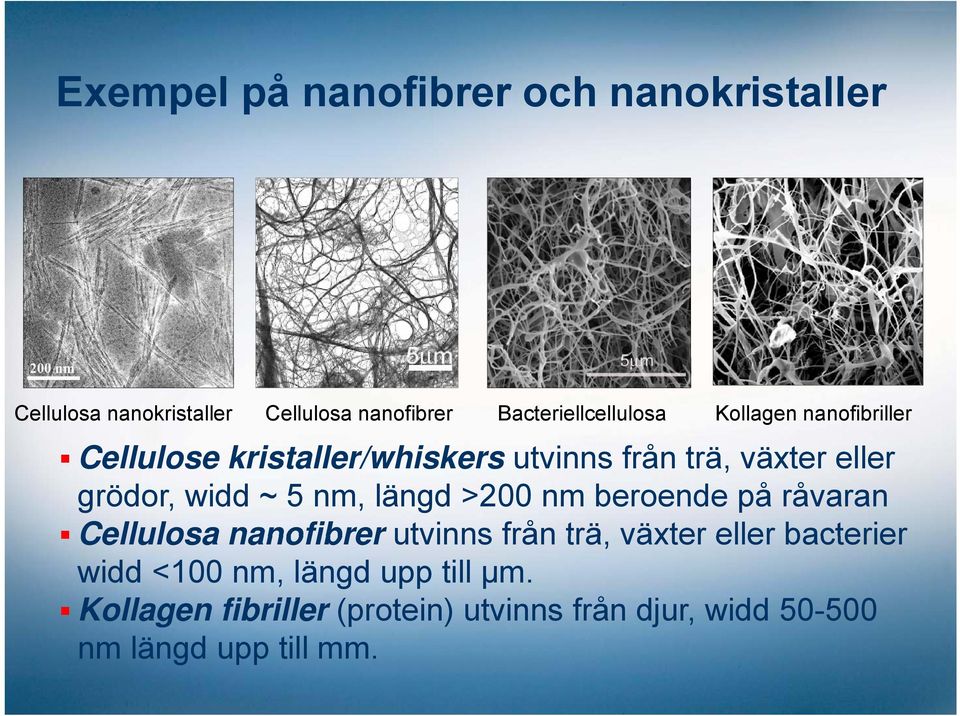 ~ 5 nm, längd >200 nm beroende på råvaran Cellulosa nanofibrer utvinns från trä, växter eller bacterier