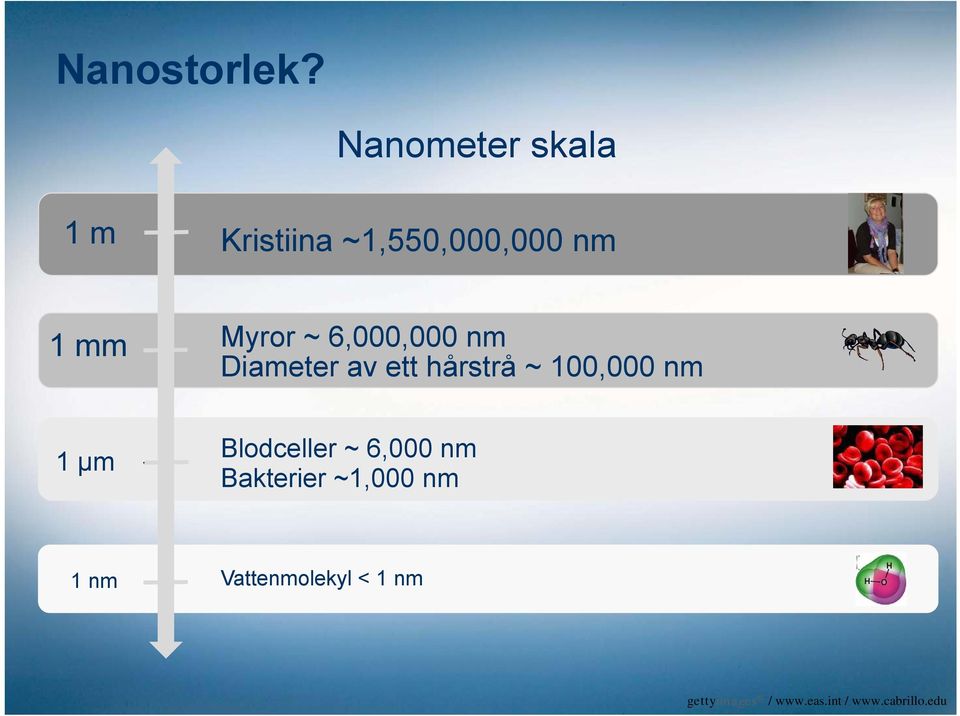 6,000,000 nm Diameter av ett hårstrå å ~ 100,000000 nm 1 μm