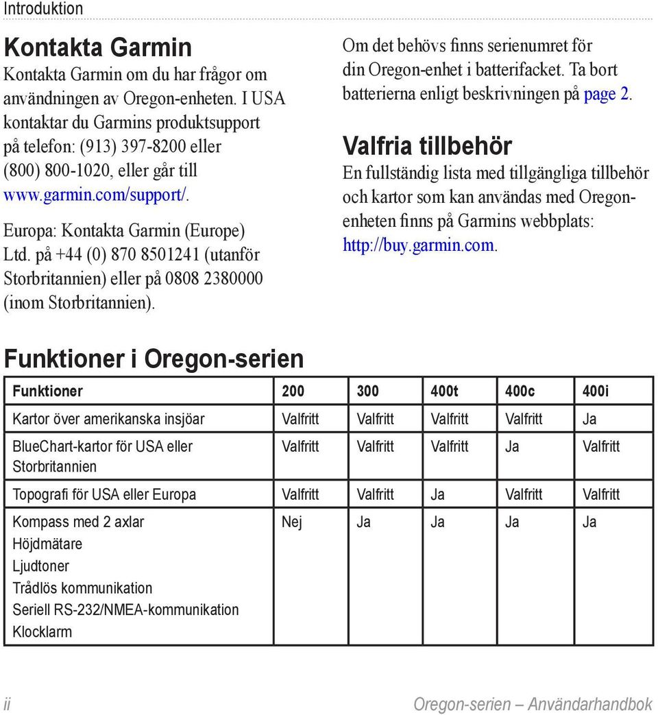 på +44 (0) 870 8501241 (utanför Storbritannien) eller på 0808 2380000 (inom Storbritannien). Om det behövs finns serienumret för din Oregon-enhet i batterifacket.