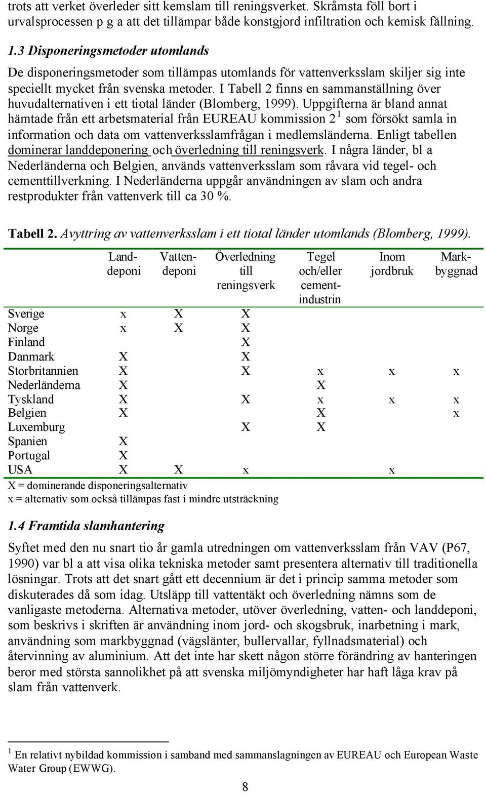 I Tabell 2 finns en sammanställning över huvudalternativen i ett tiotal länder (Blomberg, 1999).