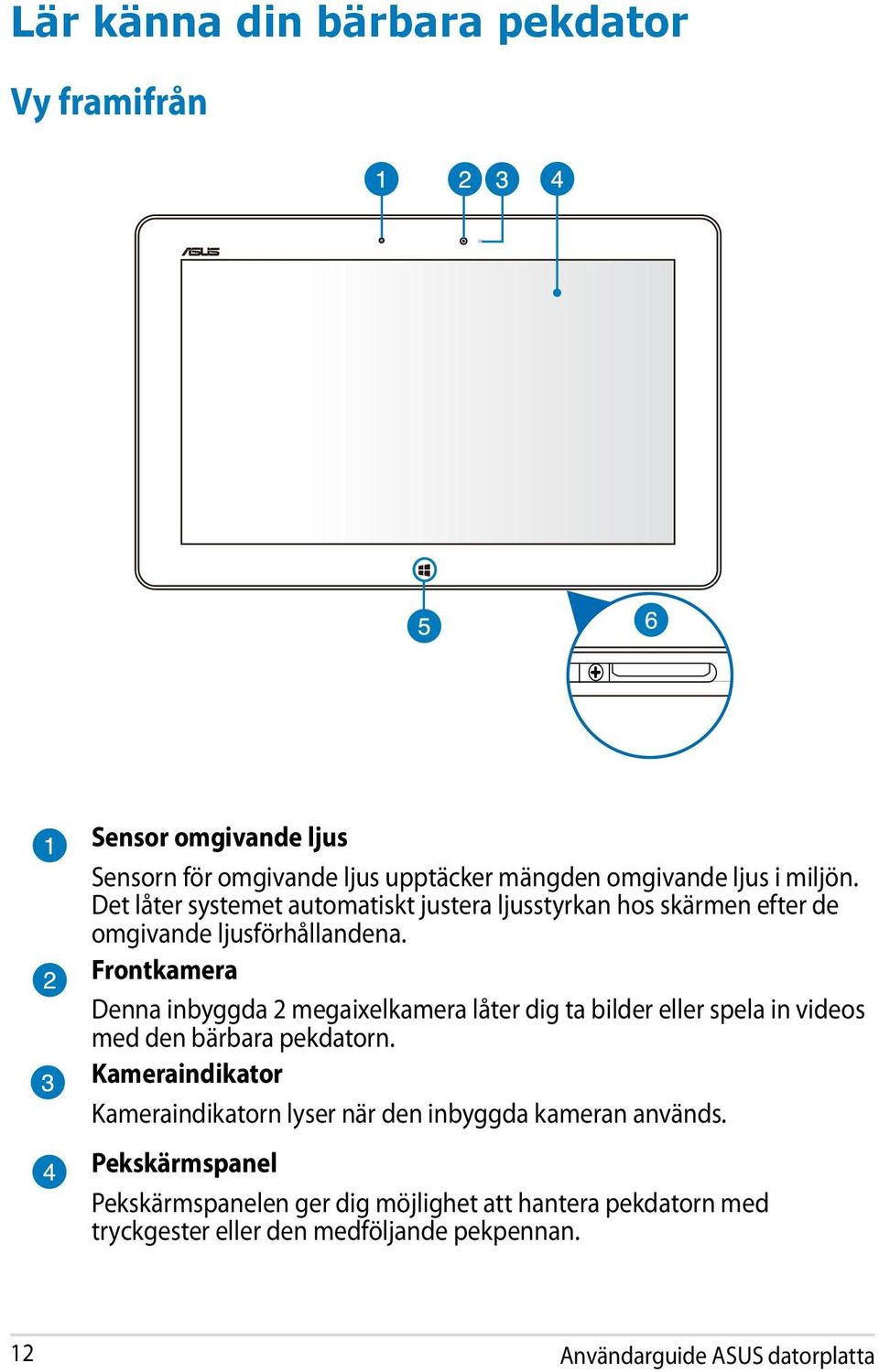 Frontkamera Denna inbyggda 2 megaixelkamera låter dig ta bilder eller spela in videos med den bärbara pekdatorn.