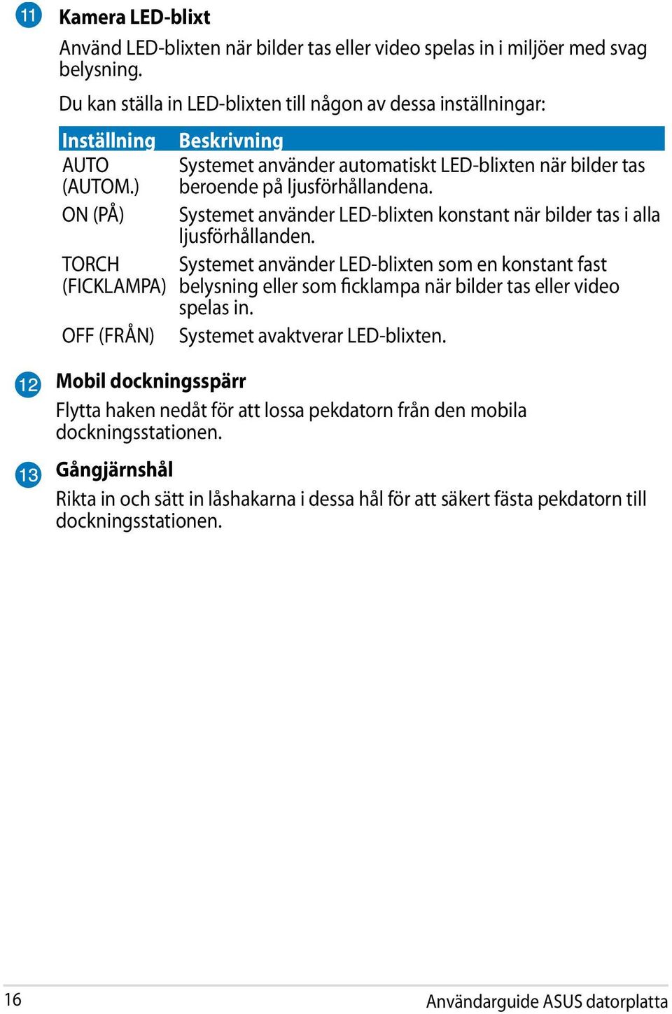 Systemet använder LED-blixten konstant när bilder tas i alla ljusförhållanden. Systemet använder LED-blixten som en konstant fast belysning eller som ficklampa när bilder tas eller video spelas in.