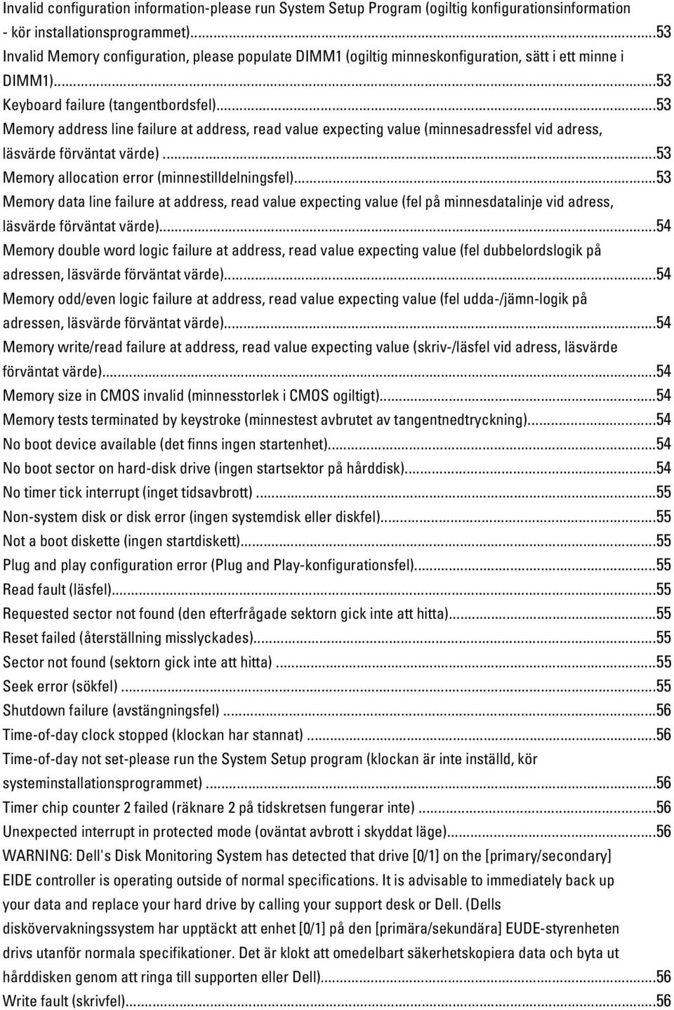 ..53 Memory address line failure at address, read value expecting value (minnesadressfel vid adress, läsvärde förväntat värde)...53 Memory allocation error (minnestilldelningsfel).
