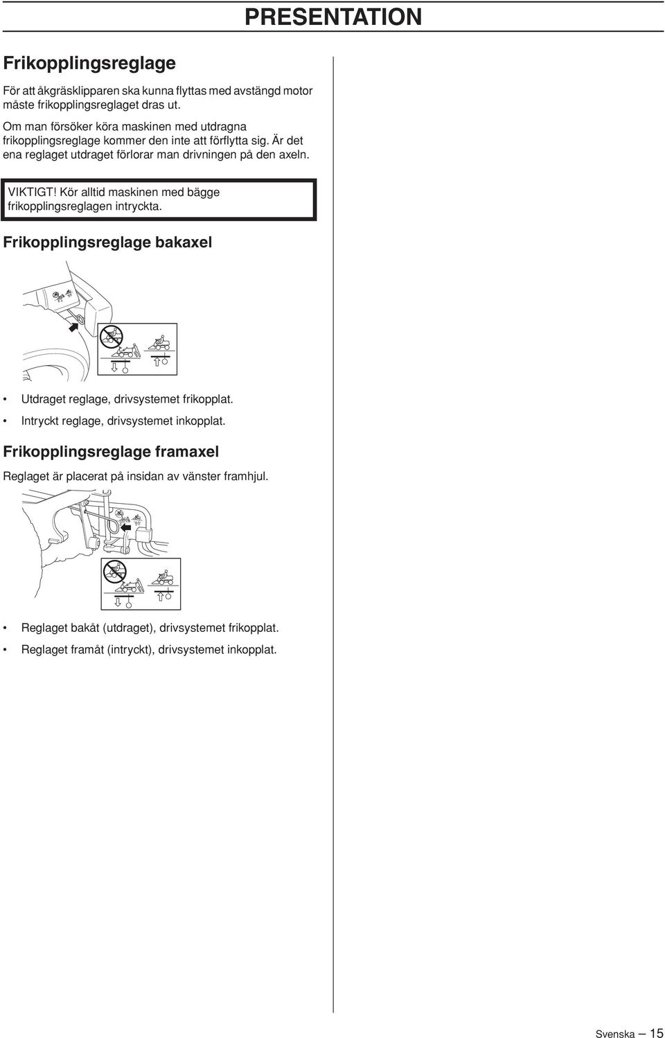 VIKTIGT Kör alltid maskinen med bägge frikopplingsreglagen intryckta. Frikopplingsreglage bakaxel Utdraget reglage, drivsystemet frikopplat.