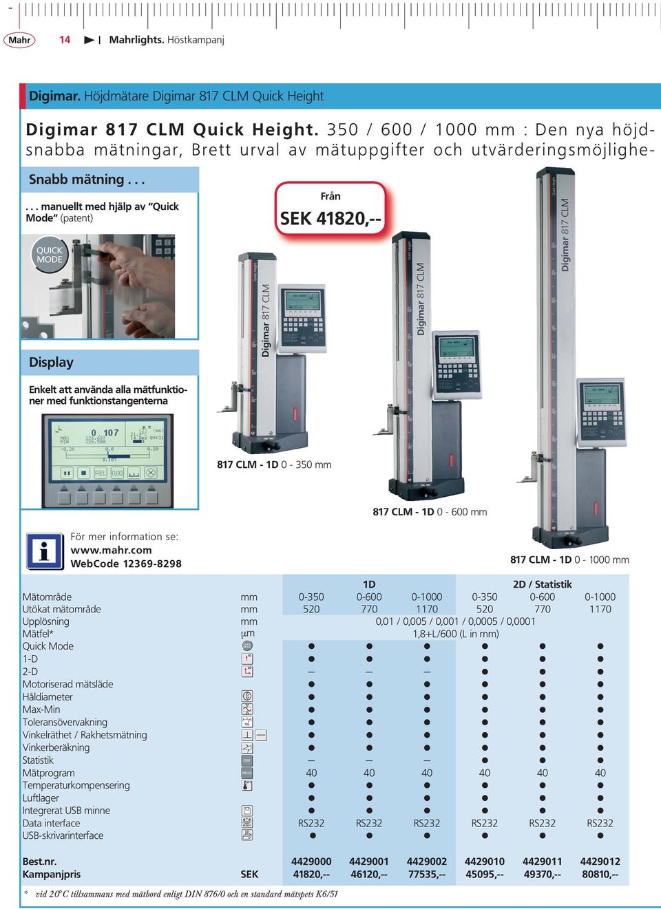 ..... manuellt med hjälp av Quick Mode (patent) Från SEK 41820,-- QUICK MODE Display Enkelt att använda alla mätfunktioner med funktionstangenterna 817 CLM - 1D 0-350 mm 817 CLM - 1D 0-600 mm WebCode