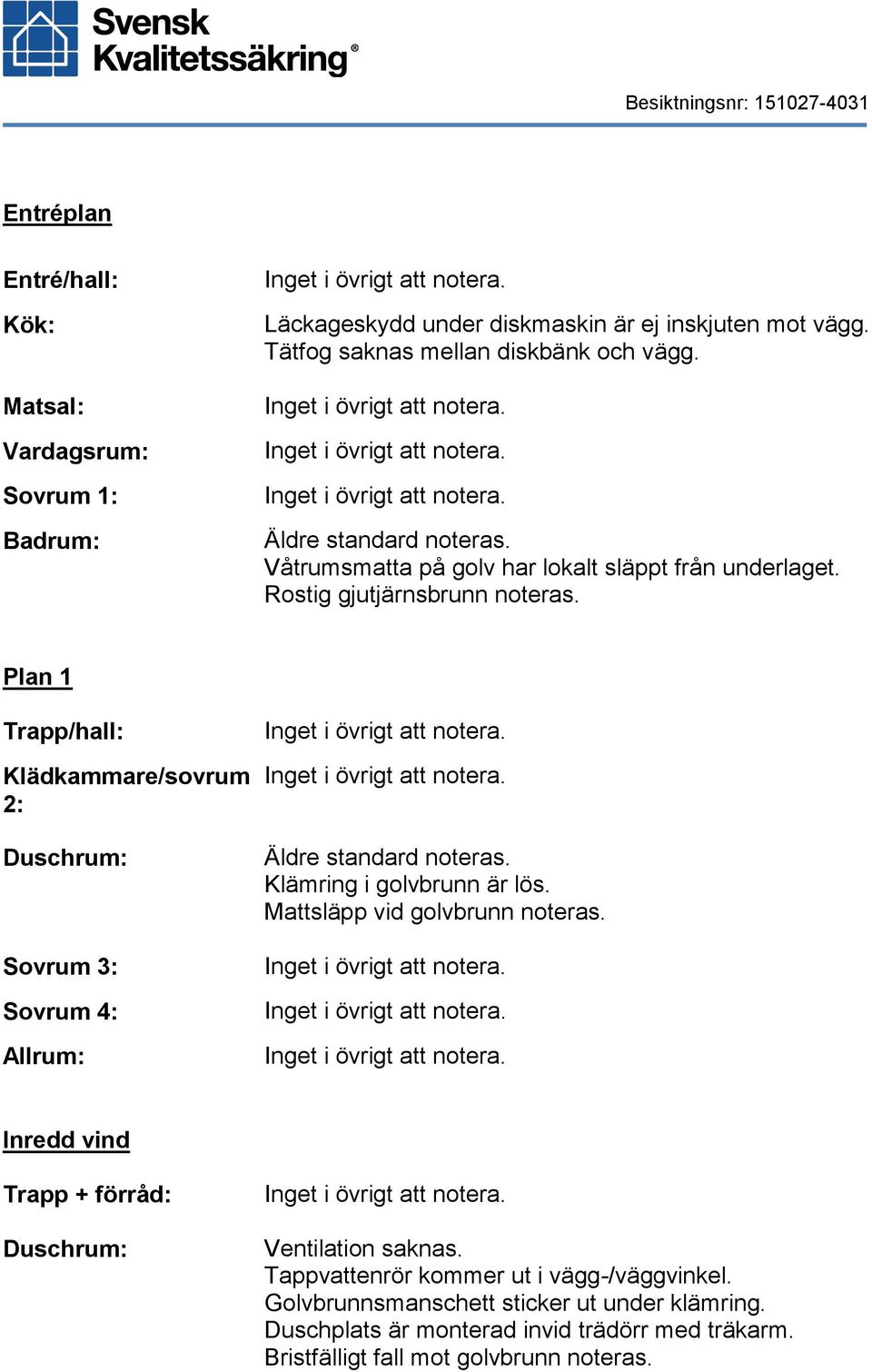 Plan 1 Trapp/hall: Klädkammare/sovrum 2: Duschrum: Sovrum 3: Sovrum 4: Allrum: Äldre standard noteras. Klämring i golvbrunn är lös. Mattsläpp vid golvbrunn noteras.