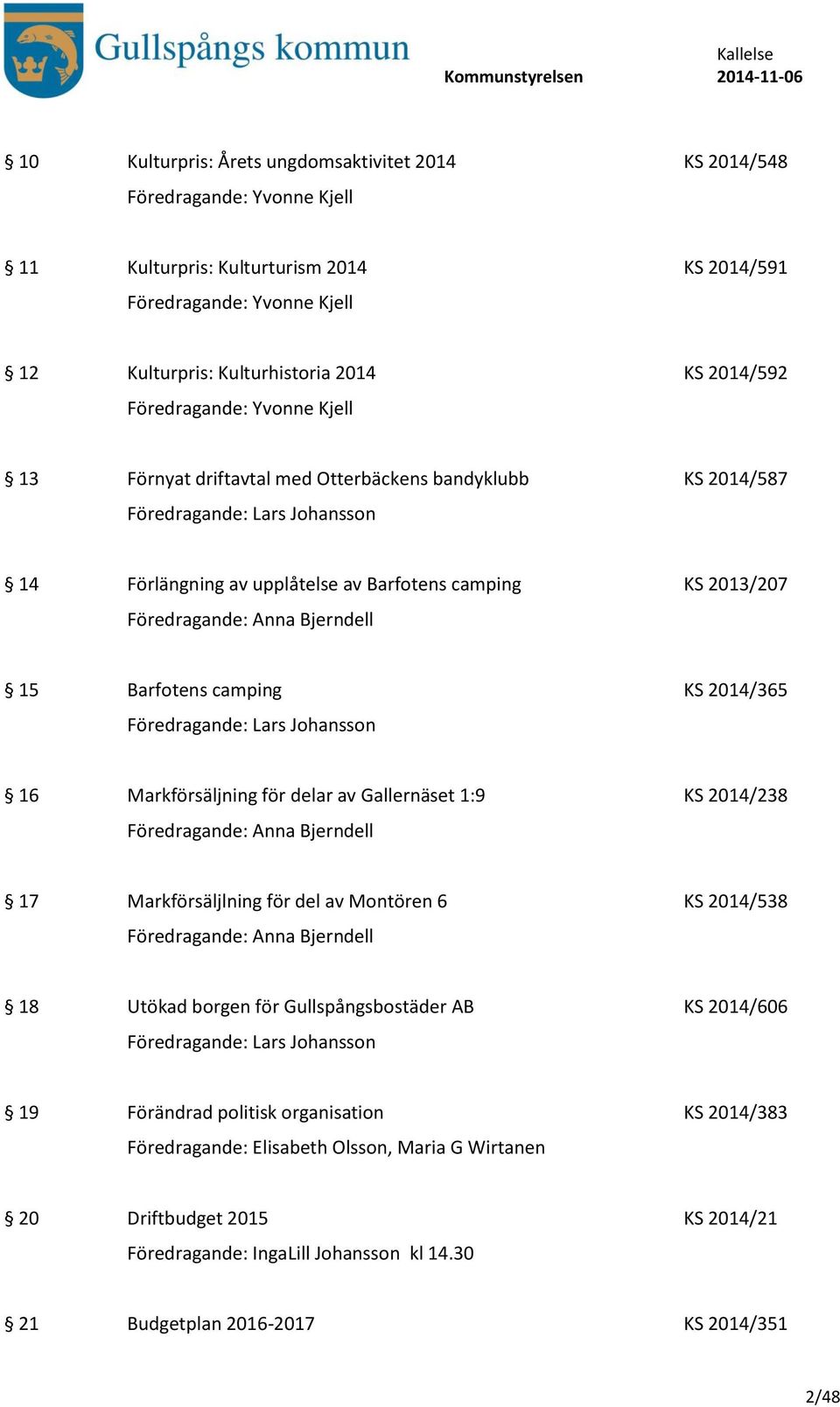 Föredragande: Anna Bjerndell 15 Barfotens camping KS 2014/365 Föredragande: Lars Johansson 16 Markförsäljning för delar av Gallernäset 1:9 KS 2014/238 Föredragande: Anna Bjerndell 17 Markförsäljlning